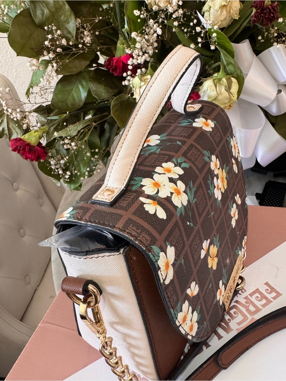 Steve Madden Brown Floral Crossbody with Gold Chain - Picture 3 of 4